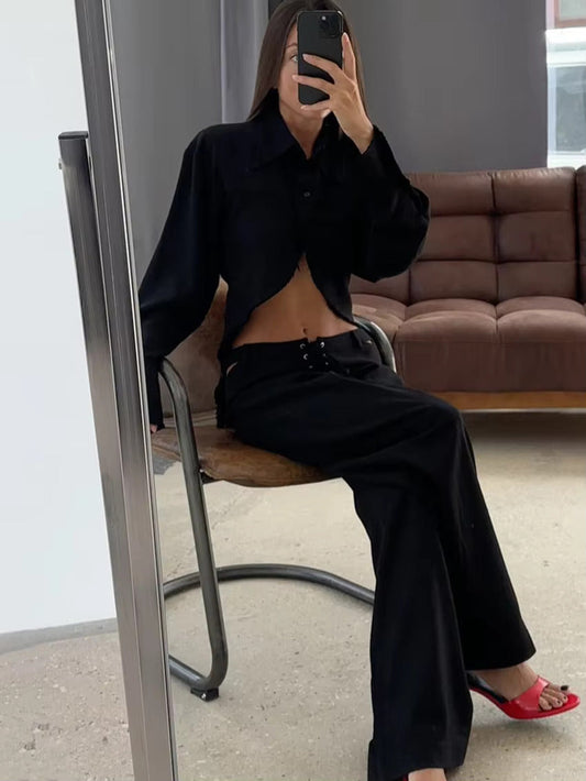 Leinen Zweiteiler Damen | Atmungsaktiv & locker | Langarmshirt | Weite Mid-Waist Hose-Schwarz-S-Luzern Mode