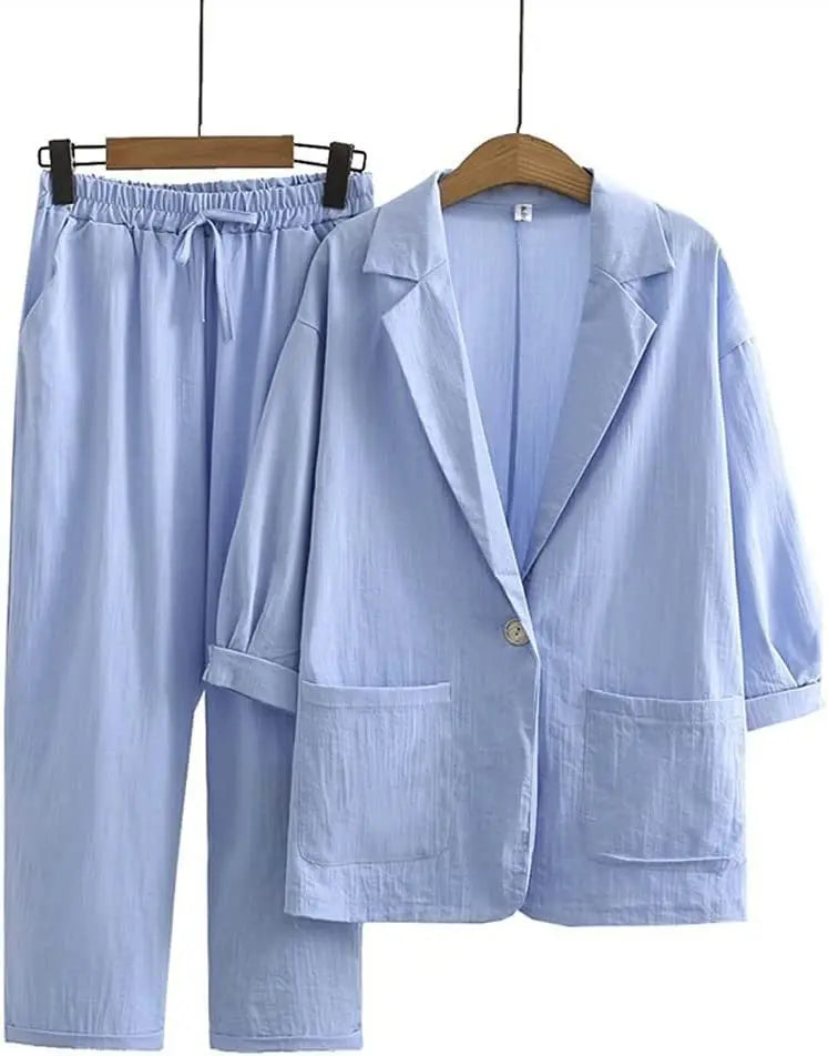 Zweiteiler Damen Sommer | Leinen Baumwolle | Lockerer Schnitt | Stylisch & luftig-Blau-S-Luzern Mode