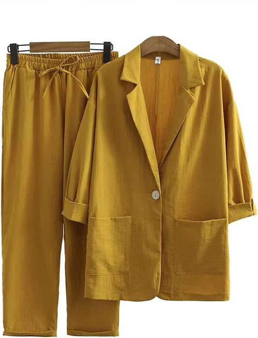 Zweiteiler Damen Sommer | Leinen Baumwolle | Lockerer Schnitt | Stylisch & luftig-Gelb-S-Luzern Mode