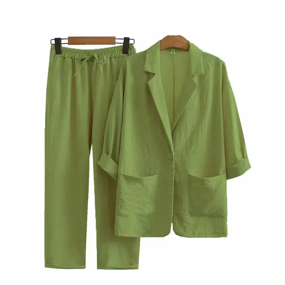 Zweiteiler Damen Sommer | Leinen Baumwolle | Lockerer Schnitt | Stylisch & luftig-Grün-S-Luzern Mode