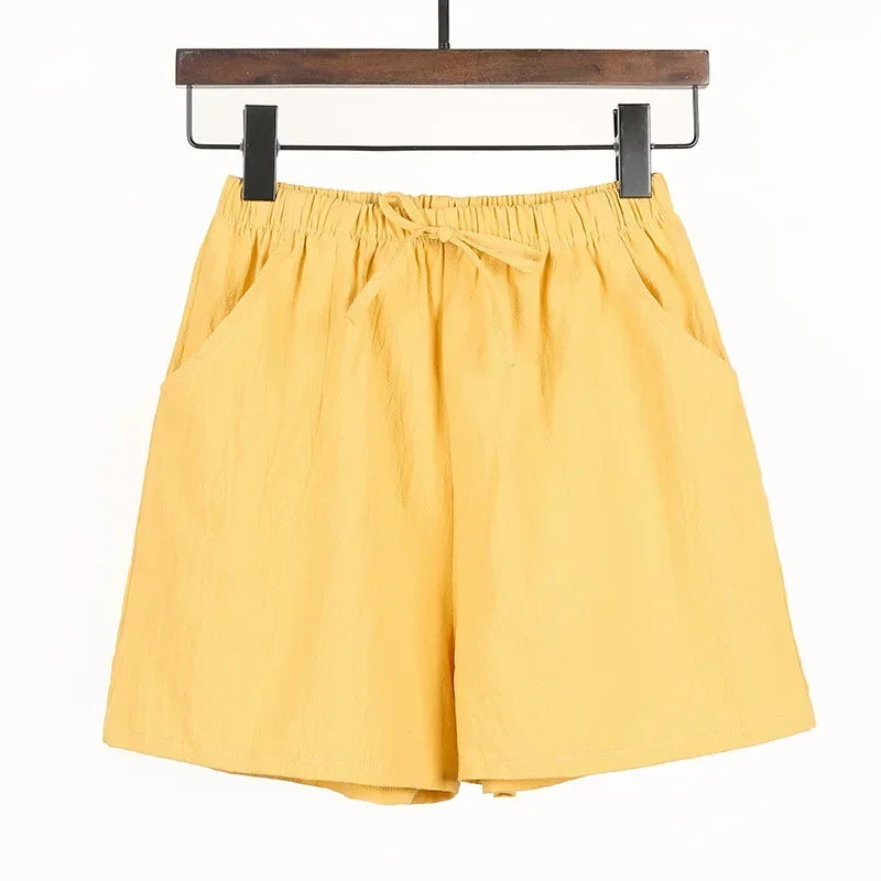 Sommer Shorts Damen | Hohe Taille | Leinen Baumwolle | Sportlich | Luftig | Trendy-Gelb-S-Luzern Mode