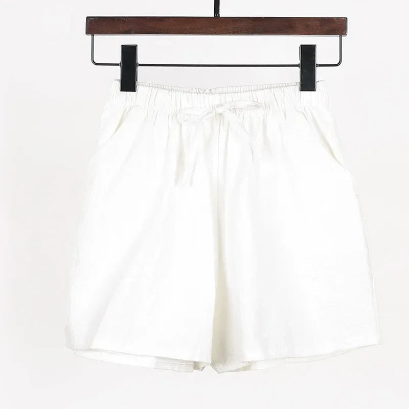 Sommer Shorts Damen | Hohe Taille | Leinen Baumwolle | Sportlich | Luftig | Trendy-Weiß-S-Luzern Mode