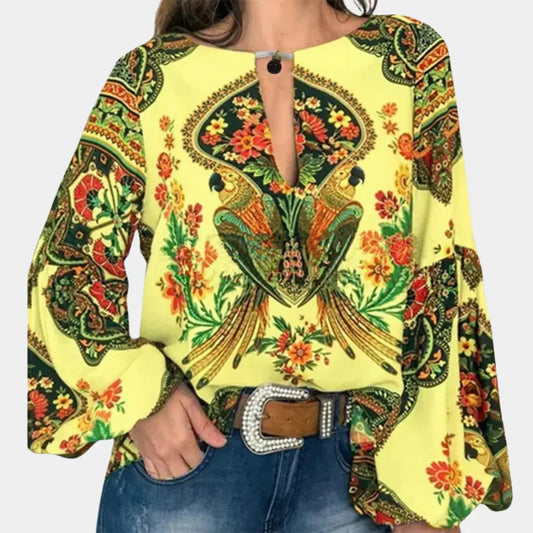 Damen Sommerbluse | Blumenprint | Lange Ärmel | Leicht | Atmungsaktiv-Gelb-XS-Luzern Mode