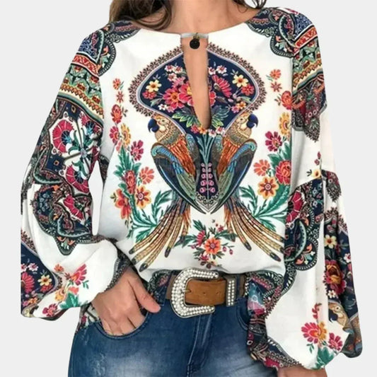 Damen Sommerbluse | Blumenprint | Lange Ärmel | Leicht | Atmungsaktiv-Weiß-XS-Luzern Mode