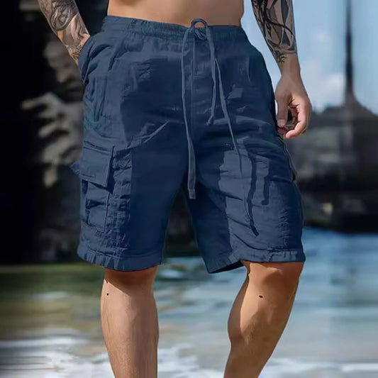 Herren Shorts Sommer | Weites Bein | Kordelzug | Leinen Baumwolle | Lässig-Marineblau-S-Luzern Mode