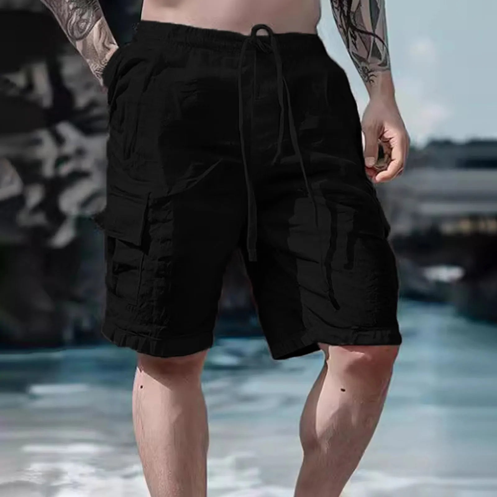 Herren Shorts Sommer | Weites Bein | Kordelzug | Leinen Baumwolle | Lässig-Schwarz-S-Luzern Mode