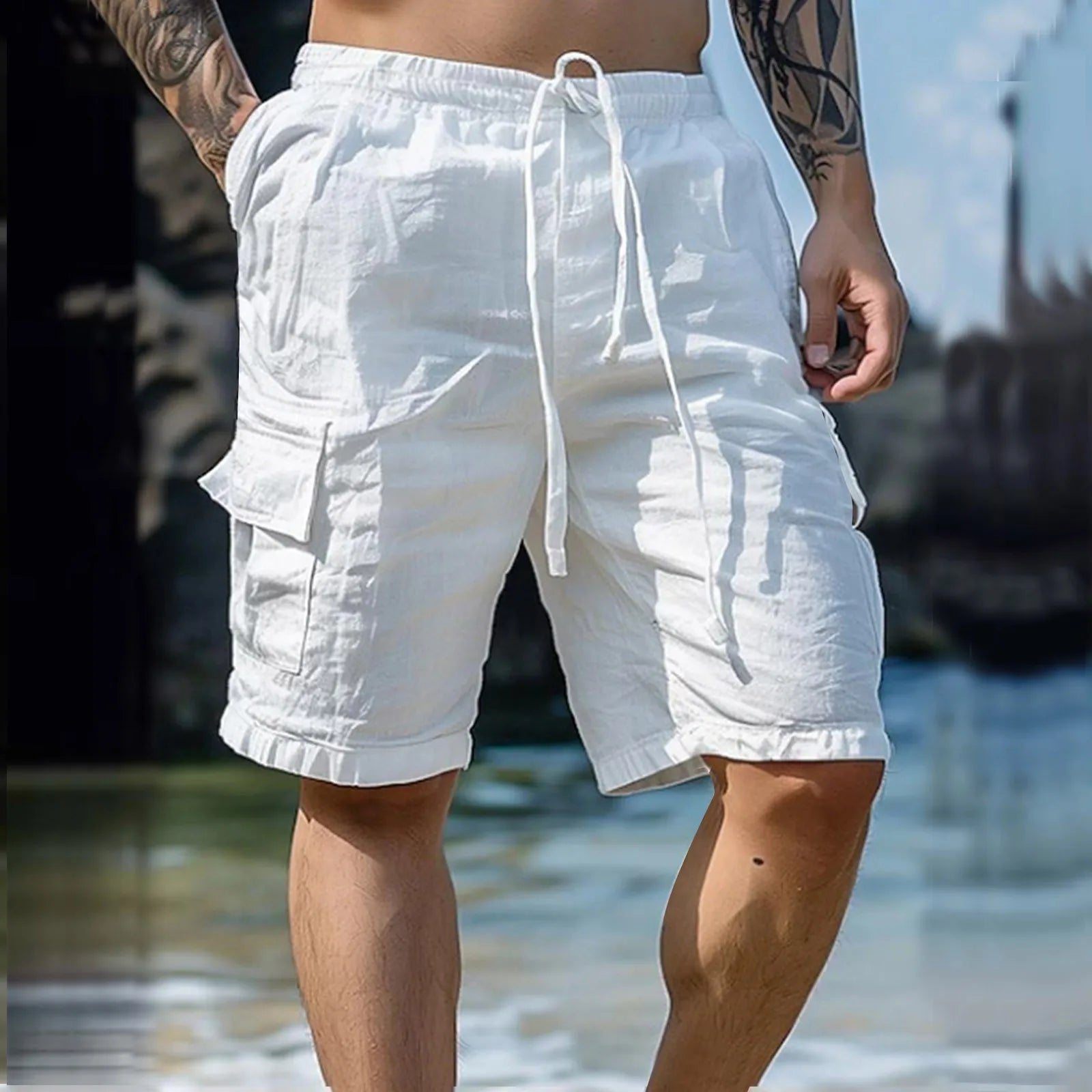 Herren Shorts Sommer | Weites Bein | Kordelzug | Leinen Baumwolle | Lässig-Weiß-S-Luzern Mode