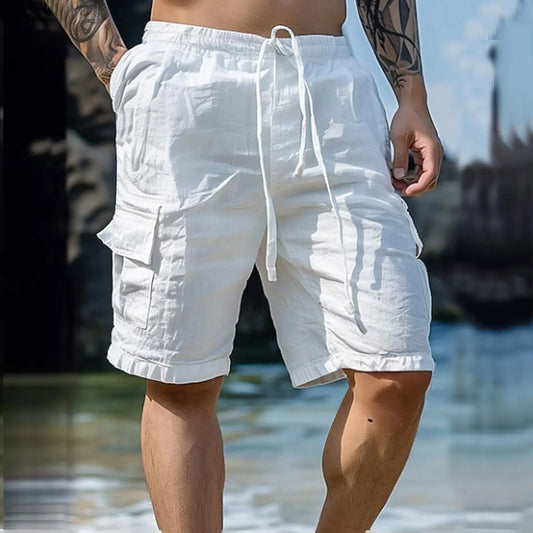 Herren Shorts Sommer | Weites Bein | Kordelzug | Leinen Baumwolle | Lässig-Weiß-S-Luzern Mode