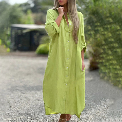 Luftiges Polo Kleid Damen | Sommerkleid mit Knöpfen | Baumwoll Leinen Mix-Grün-M-Luzern Mode