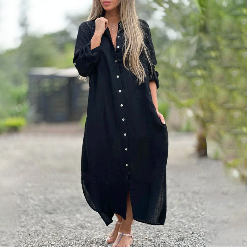 Luftiges Polo Kleid Damen | Sommerkleid mit Knöpfen | Baumwoll Leinen Mix-Schwarz-M-Luzern Mode