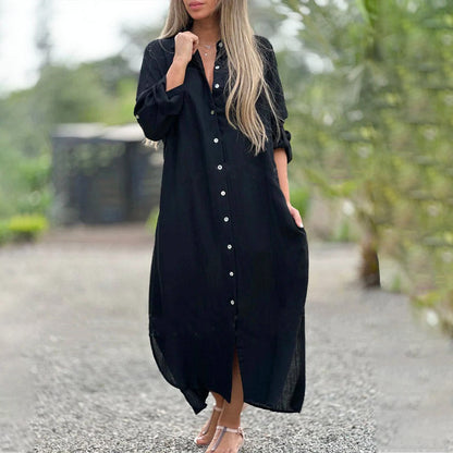 Luftiges Polo Kleid Damen | Sommerkleid mit Knöpfen | Baumwoll Leinen Mix-Schwarz-M-Luzern Mode