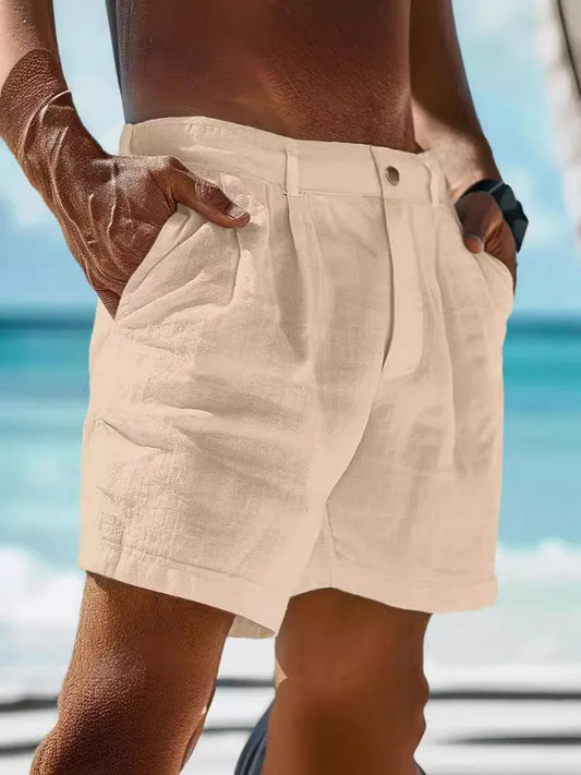 100 % Leinen | atmungsaktiv | Regular Fit | Seitentaschen | Shorts Herren S–3XL-Khaki-S-Luzern Mode