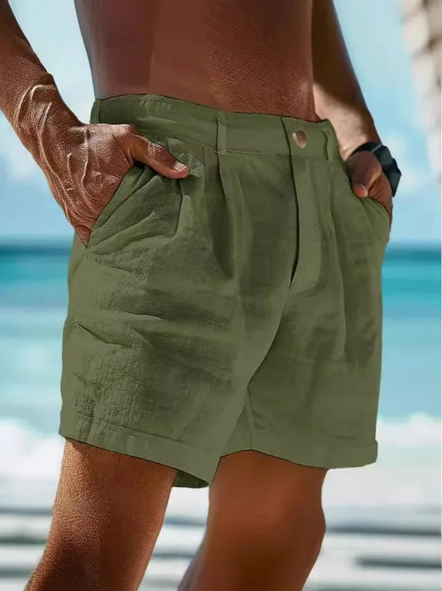100 % Leinen | atmungsaktiv | Regular Fit | Seitentaschen | Shorts Herren S–3XL-Olivgrün-S-Luzern Mode