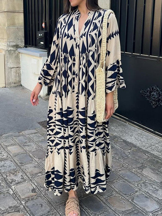 Maxikleid | Print | Luftig | Leicht | Lockere Schnitt | Lange Ärmel-Blau-S-Luzern Mode