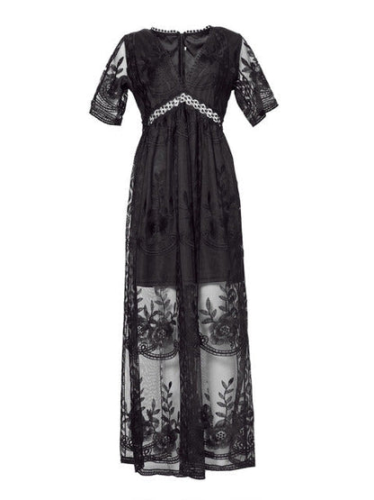 Maxikleid Damen Sommer | Viskose | V-Ausschnitt | Luftig | Figurschmeichelnd-Schwarz-S-Luzern Mode