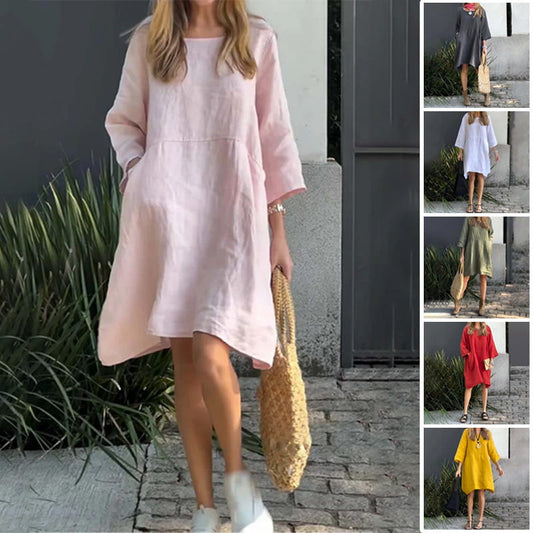 Sommerkleid Damen | Baumwolle Leinen | Locker geschnitten | Einfarbig | Mit Tasche-Luzern Mode