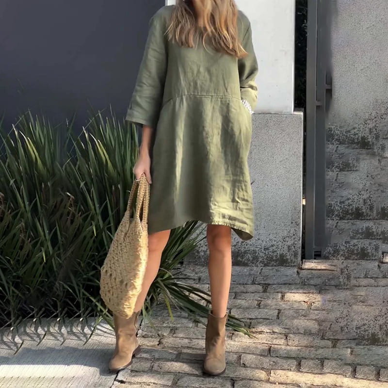 Sommerkleid Damen | Baumwolle Leinen | Locker geschnitten | Einfarbig | Mit Tasche-Luzern Mode