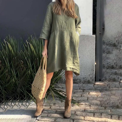 Sommerkleid Damen | Baumwolle Leinen | Locker geschnitten | Einfarbig | Mit Tasche-Luzern Mode
