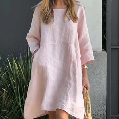 Sommerkleid Damen | Baumwolle Leinen | Locker geschnitten | Einfarbig | Mit Tasche-Rosa-M-Luzern Mode