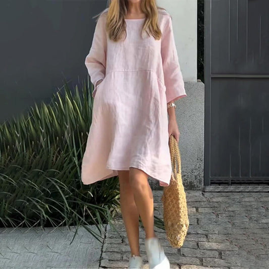 Sommerkleid Damen | Baumwolle Leinen | Locker geschnitten | Einfarbig | Mit Tasche-Luzern Mode