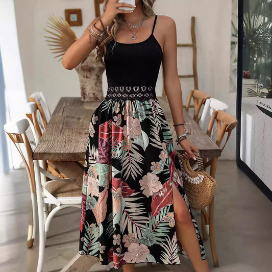 Trendy Sommerkleid Damen | Luftig bequem | Mit Print | Spaghettiträger Look-Luzern Mode