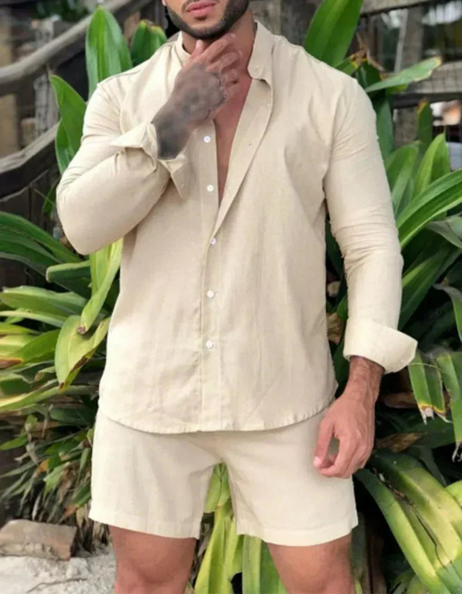 Sommer Zweiteiler Herren | Atmungsaktiv & leicht | Hemd mit Knopfleiste | Shorts mit Gummibund-Beige-S-Luzern Mode