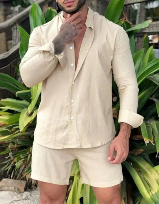 Sommer Zweiteiler Herren | Atmungsaktiv & leicht | Hemd mit Knopfleiste | Shorts mit Gummibund-Beige-S-Luzern Mode