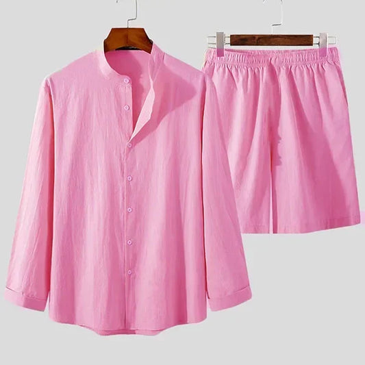 Sommer Zweiteiler Herren | Atmungsaktiv & leicht | Hemd mit Knopfleiste | Shorts mit Gummibund-Rosa-S-Luzern Mode