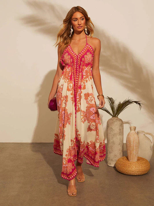 Maxikleid Damen | Boho Print | Halterneck | V-Ausschnitt | luftig | atmungsaktiv-Rot-S-Luzern Mode