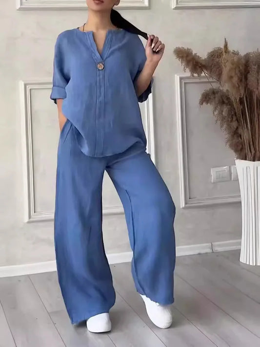 Sommer Set Damen | Leinen-Baumwollmix | Bluse mit Knopfleiste | Weithose | luftig-Blau-S-Luzern Mode