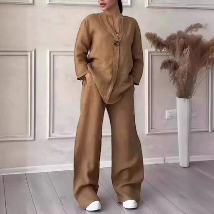 Sommer Set Damen | Leinen-Baumwollmix | Bluse mit Knopfleiste | Weithose | luftig-Braun-S-Luzern Mode