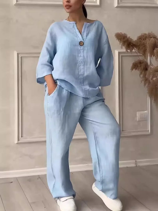 Sommer Set Damen | Leinen-Baumwollmix | Bluse mit Knopfleiste | Weithose | luftig-Hellblau-S-Luzern Mode
