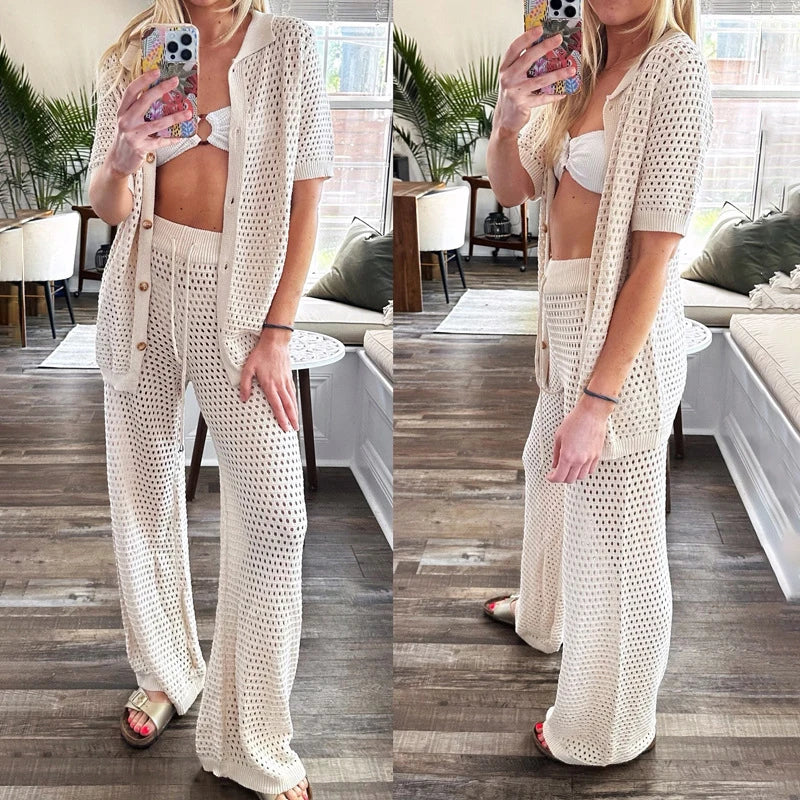 Zweiteiler Damen | Bluse mit Cut-Outs | lange Hose weit | Leinenmix | atmungsaktiv-Luzern Mode