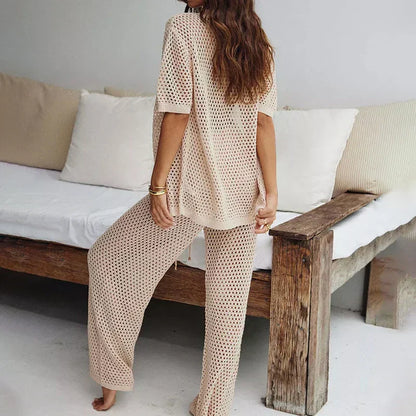 Zweiteiler Damen | Bluse mit Cut-Outs | lange Hose weit | Leinenmix | atmungsaktiv-Luzern Mode