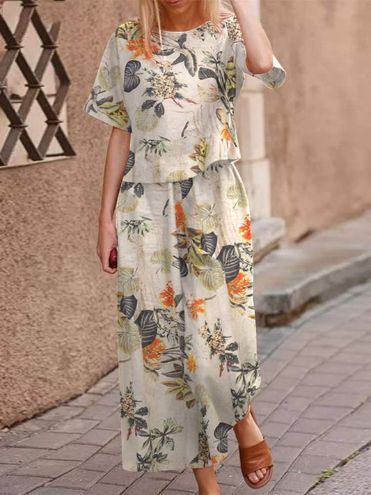 Zweiteiler Damen Boho Set | Baumwolle Sommer Look | Locker & Figurbetont-Orange/Weiß-S-Luzern Mode