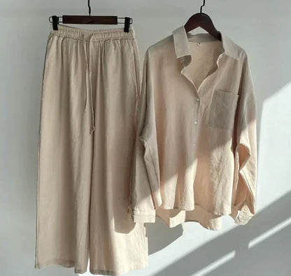 Zweiteiler Damen Leinen Set | Luftig Sommer Outfit | Locker & Stylisch-Beige-S-Luzern Mode