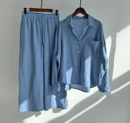 Zweiteiler Damen Leinen Set | Luftig Sommer Outfit | Locker & Stylisch-Blau-S-Luzern Mode
