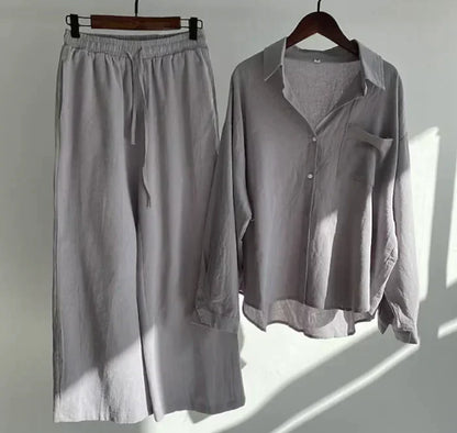 Zweiteiler Damen Leinen Set | Luftig Sommer Outfit | Locker & Stylisch-Grau-S-Luzern Mode