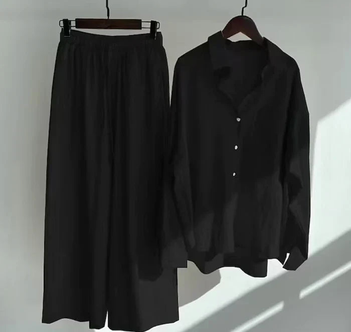 Zweiteiler Damen Leinen Set | Luftig Sommer Outfit | Locker & Stylisch-Schwarz-S-Luzern Mode