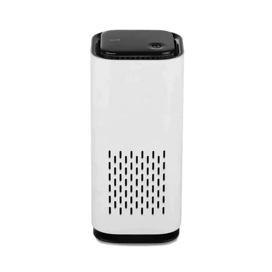 Weißer Luftreiniger, rechteckig, HEPA-Filter, modernes Design, für saubere Luft im Innenraum.