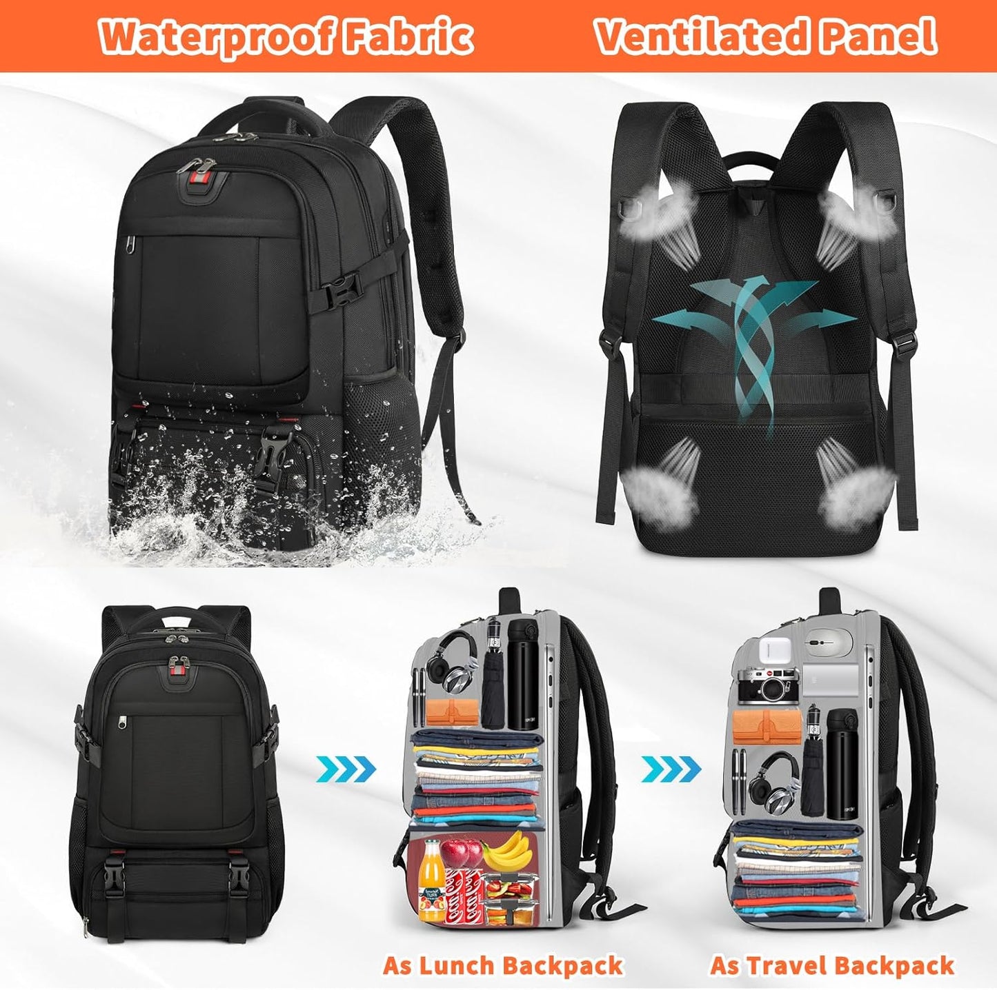 Extra-großer Lunch- und Laptop-Reiserucksack mit USB-Ladeanschluss