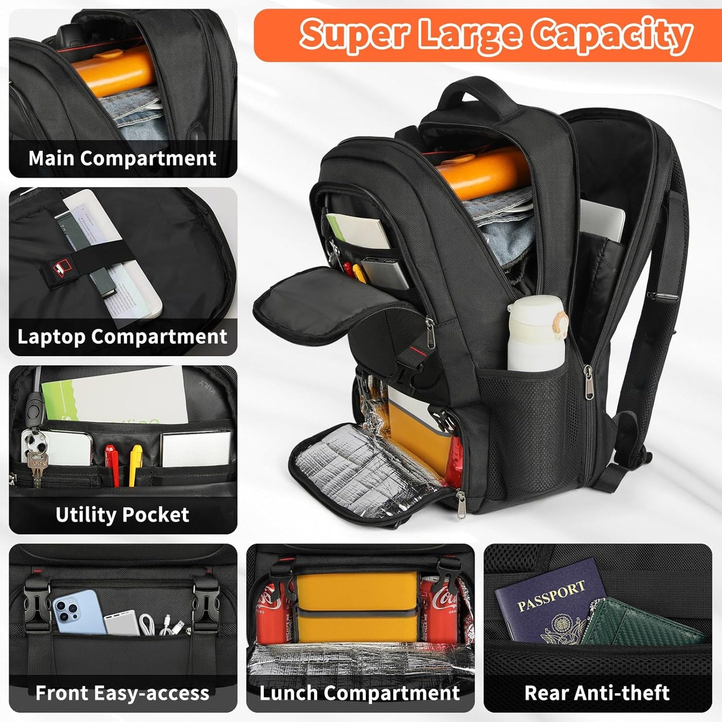 Extra-großer Lunch- und Laptop-Reiserucksack mit USB-Ladeanschluss