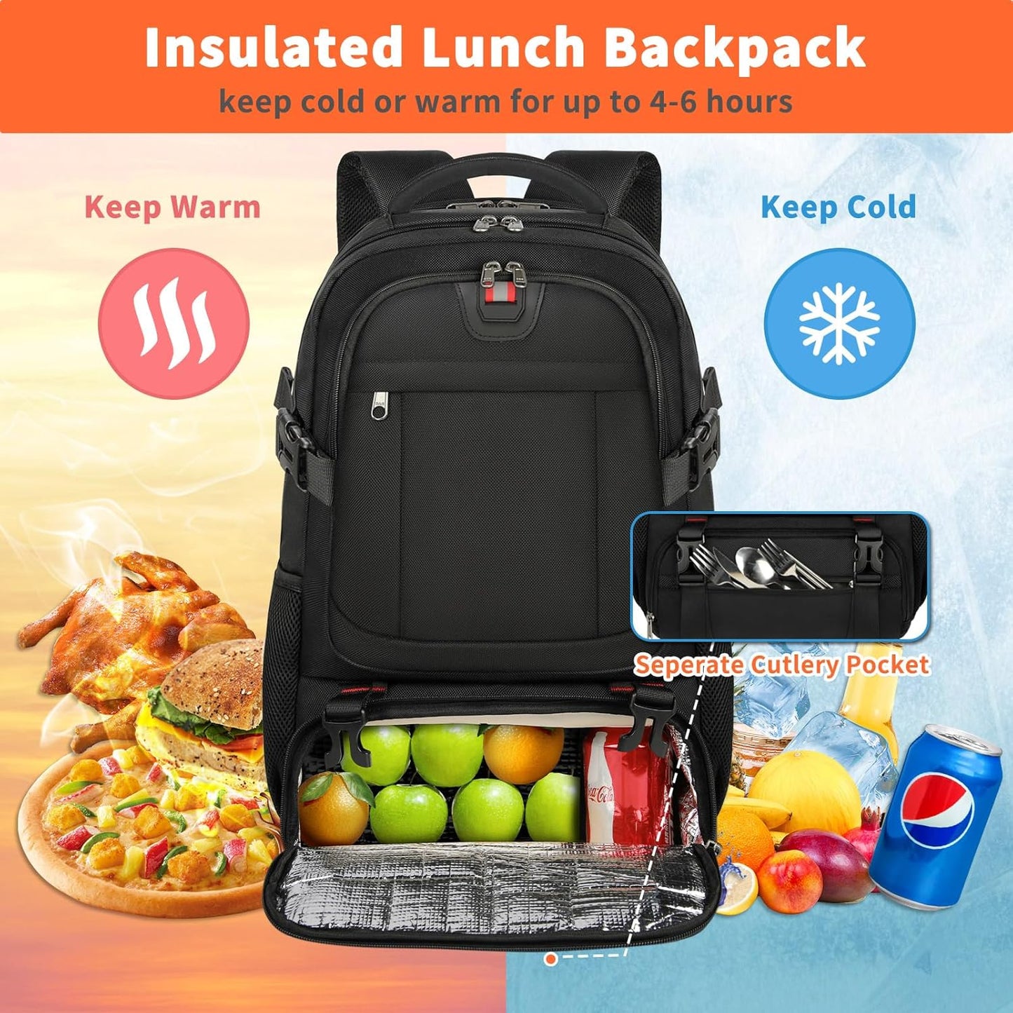 Extra-großer Lunch- und Laptop-Reiserucksack mit USB-Ladeanschluss