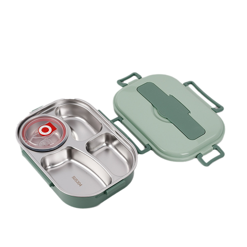 Grüne Edelstahl-Brotdose mit Fächern und Deckel, ideal für Bento-Lunchbox, auslaufsicher.