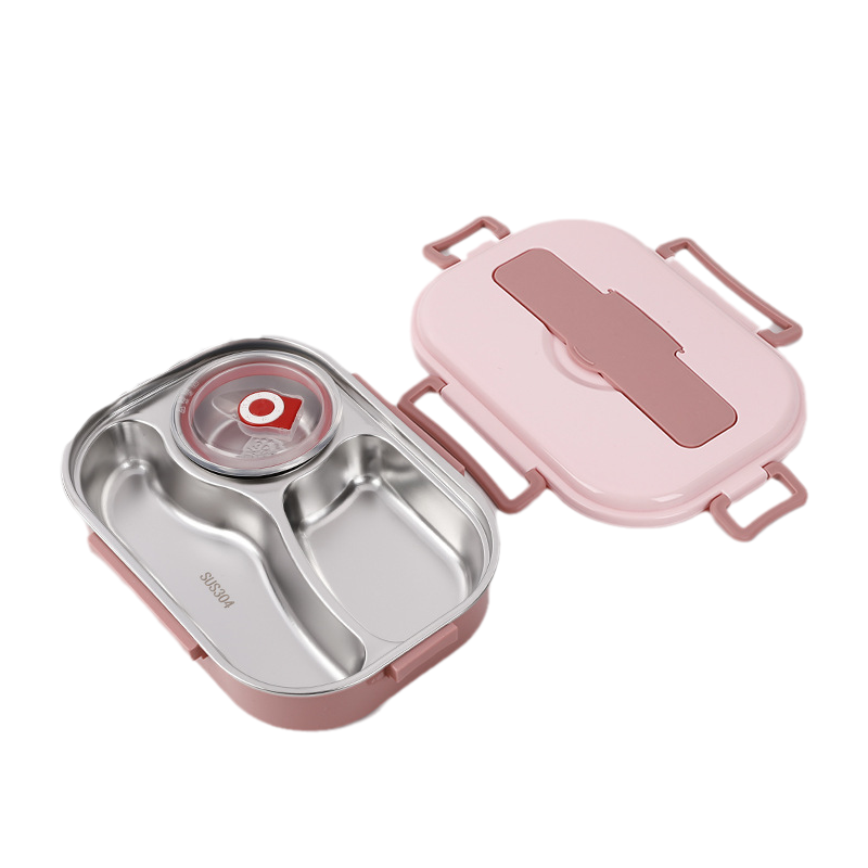 Rosa Edelstahl-Brotdose mit Fächern und Deckel, Bento-Box für Kinder und Erwachsene.