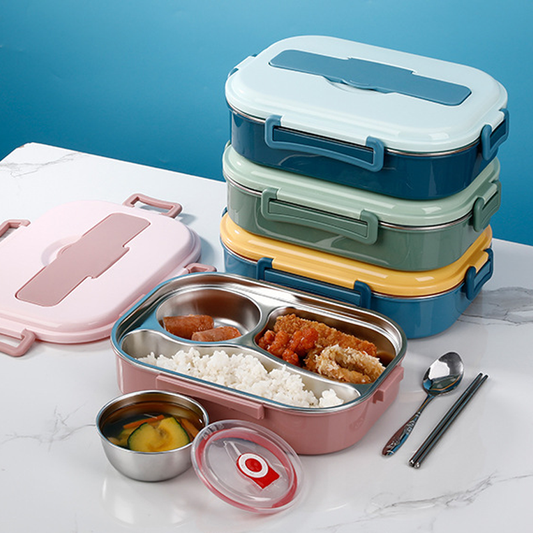 Mehrfarbige Bento-Boxen aus Edelstahl mit Fächern, ideal für Mahlzeiten unterwegs.