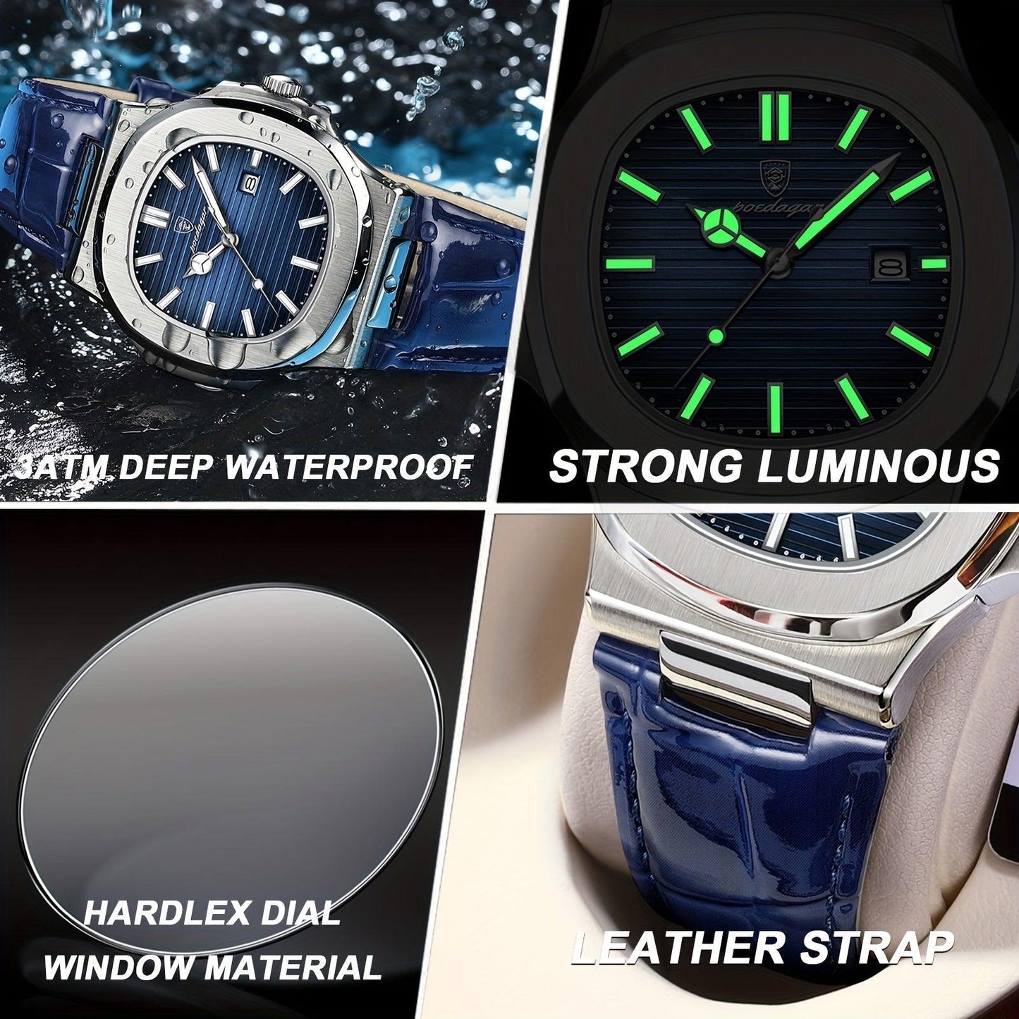 Luxus Herrenarmbanduhr, blaues Zifferblatt, Lederarmband, wasserdicht, leuchtende Zeiger.