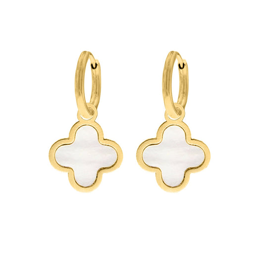 Goldene Ohrringe mit Kleeblatt-Anhänger, Perlmutt, luxuriöses Design, modischer Schmuck.
