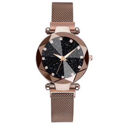 Luxus Damen Armbanduhr, roségold, funkelndes Zifferblatt, Mesh-Armband, elegant und modern.