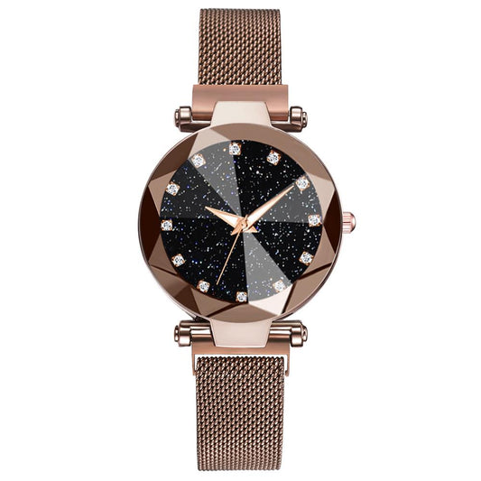 Luxus Damen Armbanduhr, roségold, funkelndes Zifferblatt, Mesh-Armband, elegant und modern.